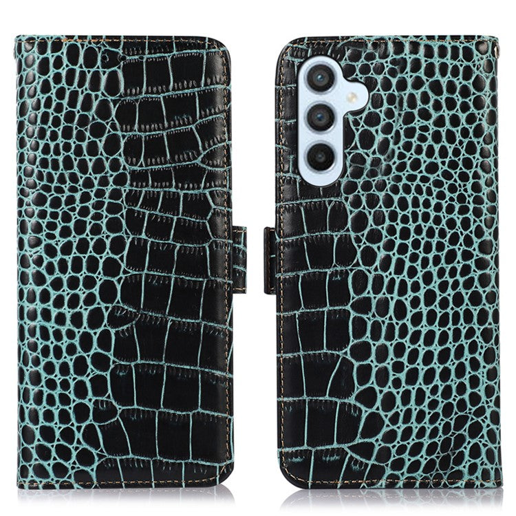 Wallet Case for Samsung Galaxy A55 5G Genuine Cow Leather Crocodile Texture Cover with RFID Blocking - Green
