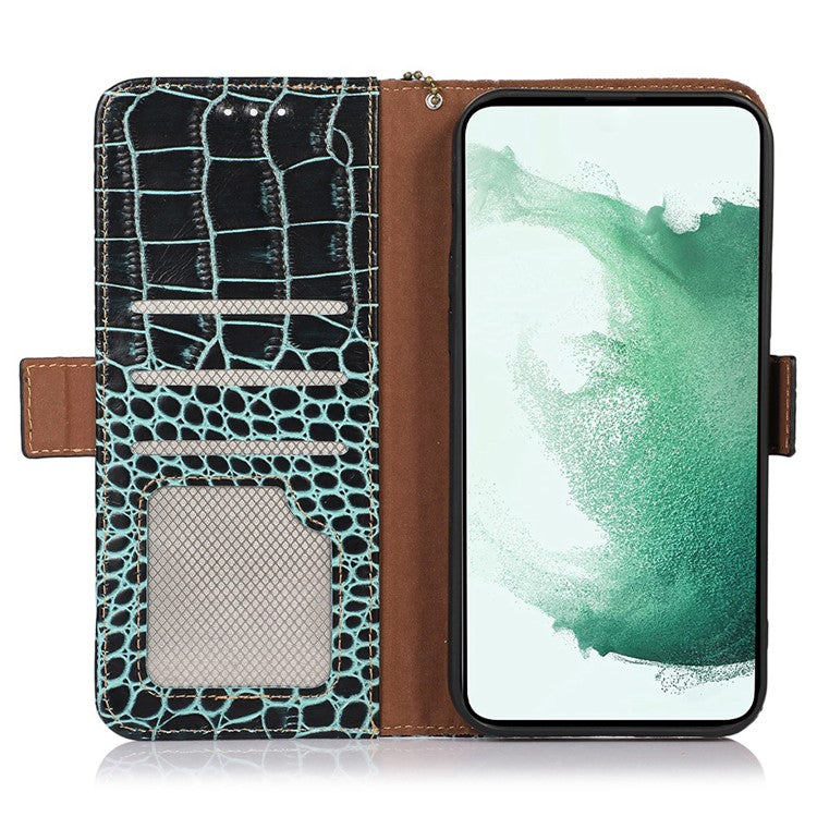 Wallet Case for Samsung Galaxy A55 5G Genuine Cow Leather Crocodile Texture Cover with RFID Blocking - Green