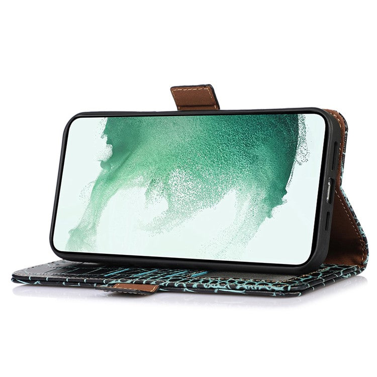 Wallet Case for Samsung Galaxy A55 5G Genuine Cow Leather Crocodile Texture Cover with RFID Blocking - Green