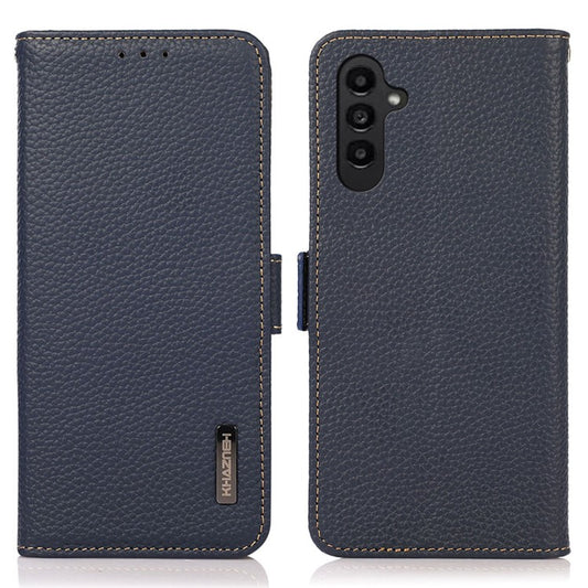 KHAZNEH For Samsung Galaxy A35 5G Genuine Cow Leather Case with Litchi Texture and RFID Blocking Security - Blue