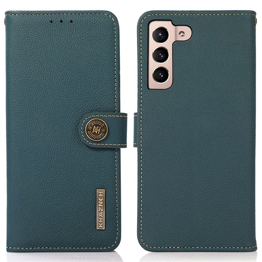 KHAZNEH For Samsung Galaxy A35 5G Magnetic Phone Case RFID Blocking Genuine Cow Leather Card Holder Cover - Green