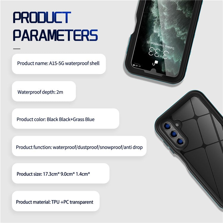 REDPEPPER A Series For Samsung Galaxy A15 5G Case Waterproof Built-in Screen Protector IP68 Underwater - Black+Grass Blue