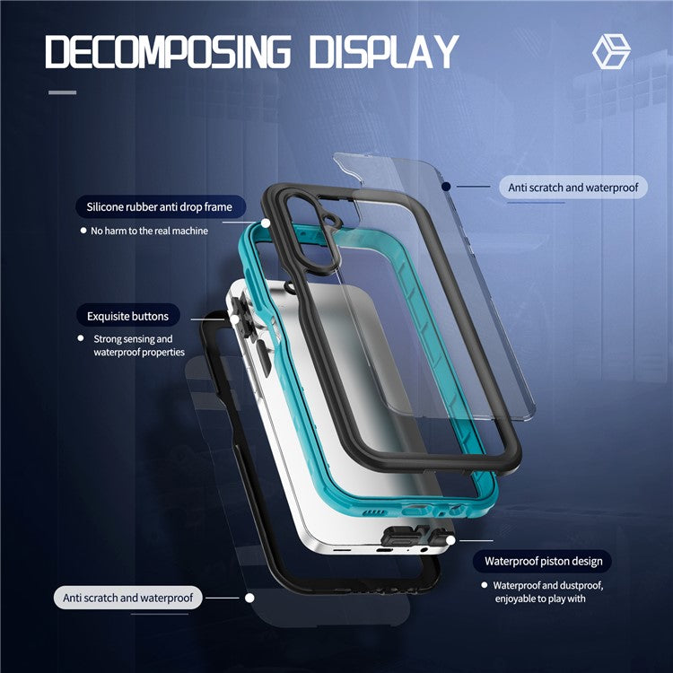 REDPEPPER A Series For Samsung Galaxy A15 5G Case Waterproof Built-in Screen Protector IP68 Underwater - Black+Grass Blue