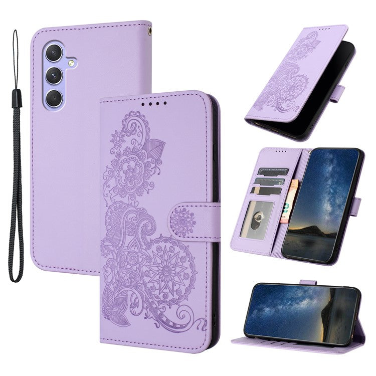 YX0050 For Samsung Galaxy A55 5G Case Imprinted PU Leather+TPU Phone Stand Cover with Magnetic Closure - Purple