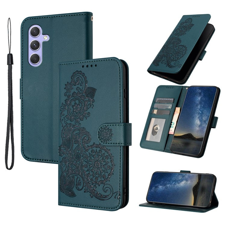 YX0050 For Samsung Galaxy A55 5G Case Imprinted PU Leather+TPU Phone Stand Cover with Magnetic Closure - Blackish Green