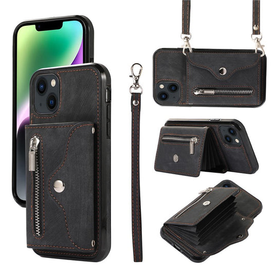 For iPhone 14 Case Zipper Pocket Card Holder RFID Blocking PU Leather + TPU Phone Cover with 2 Straps - Black