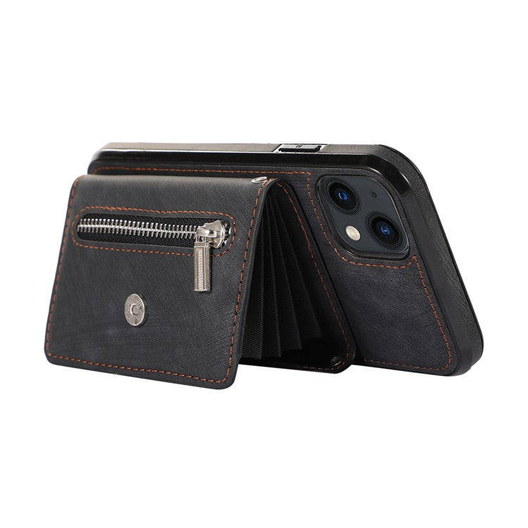 For iPhone 14 Case Zipper Pocket Card Holder RFID Blocking PU Leather + TPU Phone Cover with 2 Straps - Black
