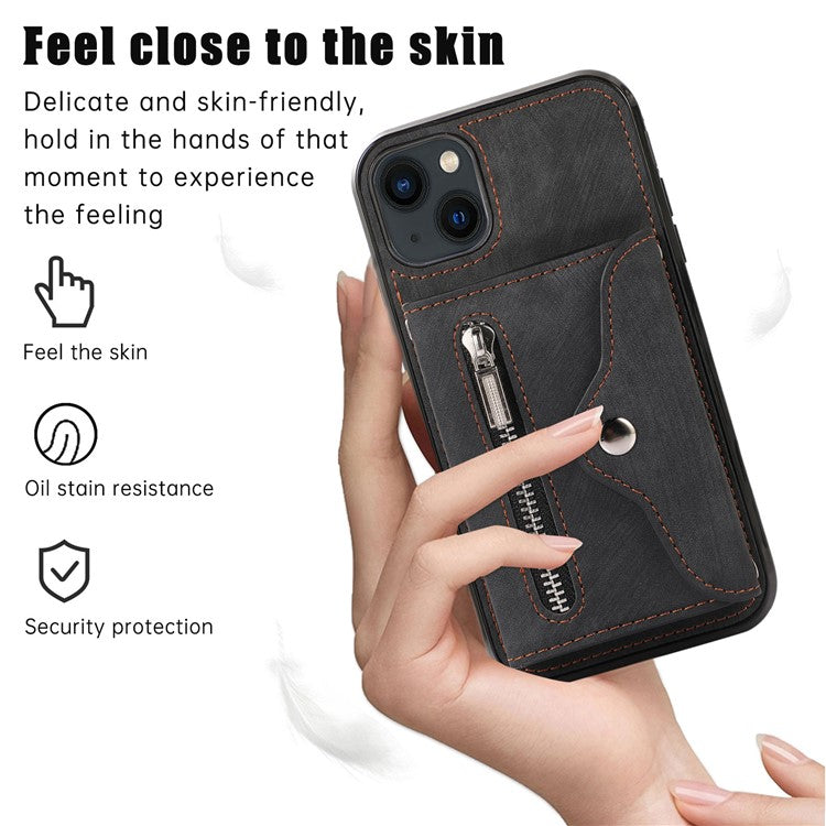 For iPhone 14 Case Zipper Pocket Card Holder RFID Blocking PU Leather + TPU Phone Cover with 2 Straps - Black