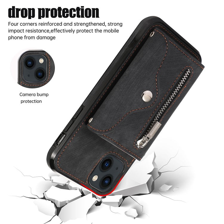 For iPhone 14 Case Zipper Pocket Card Holder RFID Blocking PU Leather + TPU Phone Cover with 2 Straps - Black