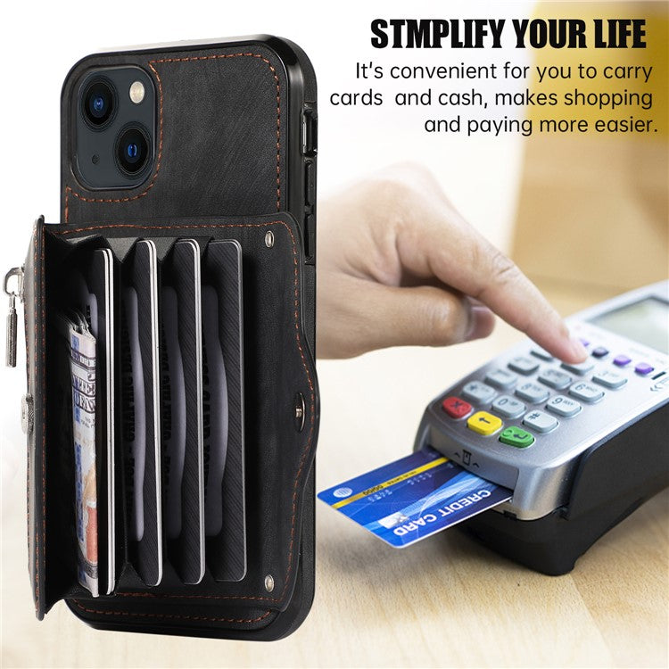 For iPhone 14 Case Zipper Pocket Card Holder RFID Blocking PU Leather + TPU Phone Cover with 2 Straps - Black