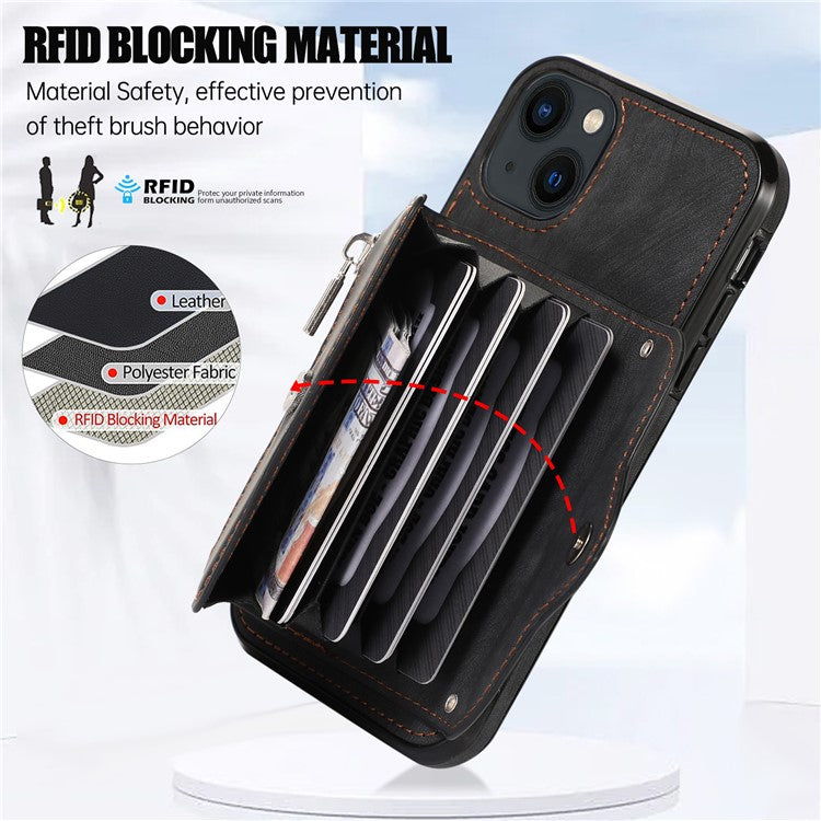 For iPhone 14 Case Zipper Pocket Card Holder RFID Blocking PU Leather + TPU Phone Cover with 2 Straps - Black