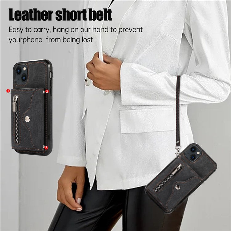 For iPhone 14 Case Zipper Pocket Card Holder RFID Blocking PU Leather + TPU Phone Cover with 2 Straps - Black