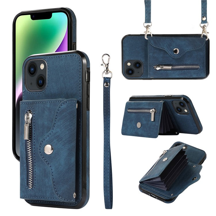 For iPhone 14 Case Zipper Pocket Card Holder RFID Blocking PU Leather + TPU Phone Cover with 2 Straps - Blue