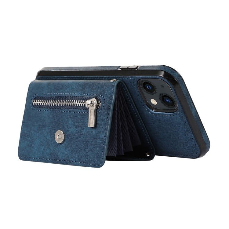 For iPhone 14 Case Zipper Pocket Card Holder RFID Blocking PU Leather + TPU Phone Cover with 2 Straps - Blue