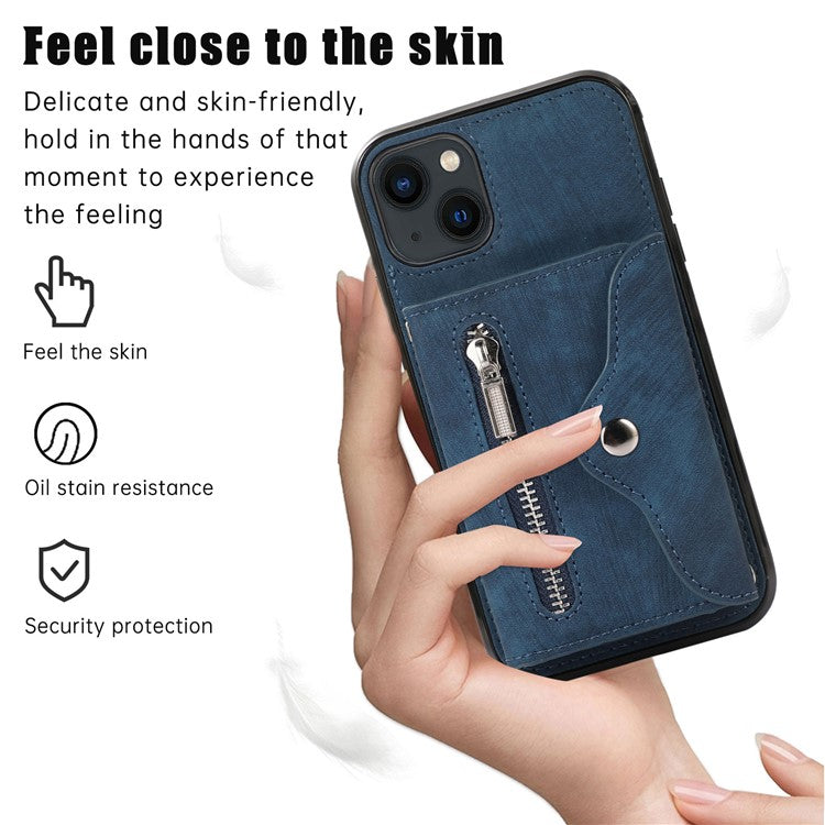 For iPhone 14 Case Zipper Pocket Card Holder RFID Blocking PU Leather + TPU Phone Cover with 2 Straps - Blue
