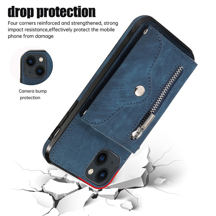 For iPhone 14 Case Zipper Pocket Card Holder RFID Blocking PU Leather + TPU Phone Cover with 2 Straps - Blue
