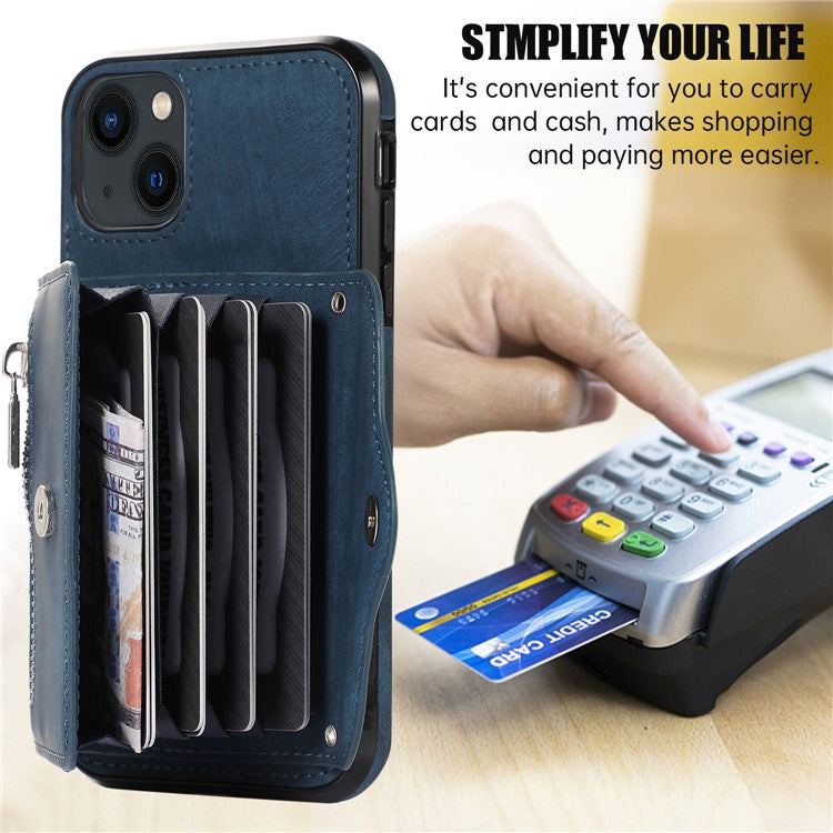 For iPhone 14 Case Zipper Pocket Card Holder RFID Blocking PU Leather + TPU Phone Cover with 2 Straps - Blue