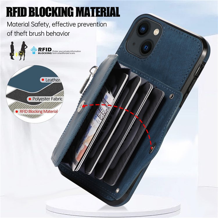 For iPhone 14 Case Zipper Pocket Card Holder RFID Blocking PU Leather + TPU Phone Cover with 2 Straps - Blue