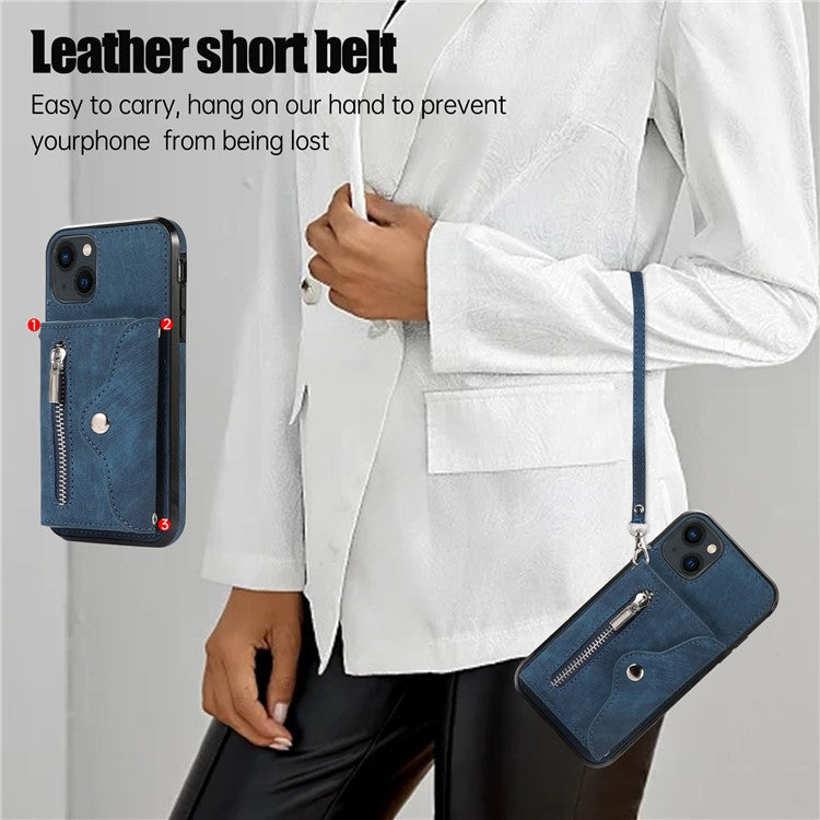 For iPhone 14 Case Zipper Pocket Card Holder RFID Blocking PU Leather + TPU Phone Cover with 2 Straps - Blue
