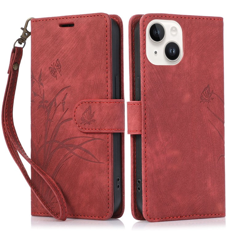 For iPhone 14 Leather Wallet Case Orchid Butterfly Phone Cover with Strap - Red