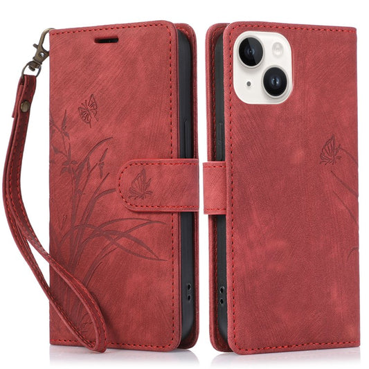For iPhone 14 Leather Wallet Case Orchid Butterfly Phone Cover with Strap - Red