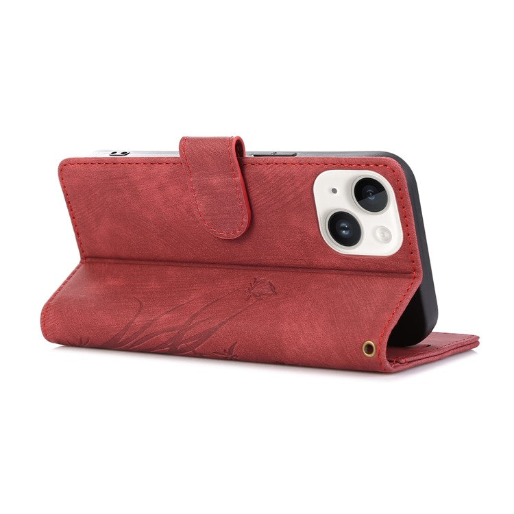 For iPhone 14 Leather Wallet Case Orchid Butterfly Phone Cover with Strap - Red