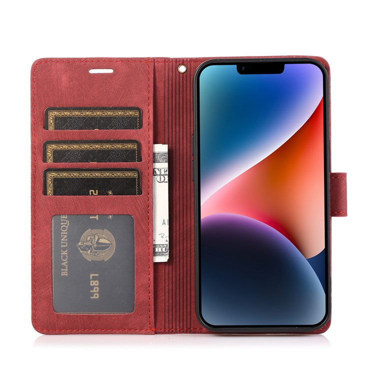 For iPhone 14 Leather Wallet Case Orchid Butterfly Phone Cover with Strap - Red