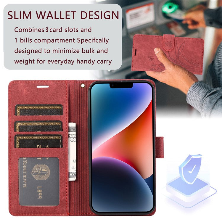 For iPhone 14 Leather Wallet Case Orchid Butterfly Phone Cover with Strap - Red