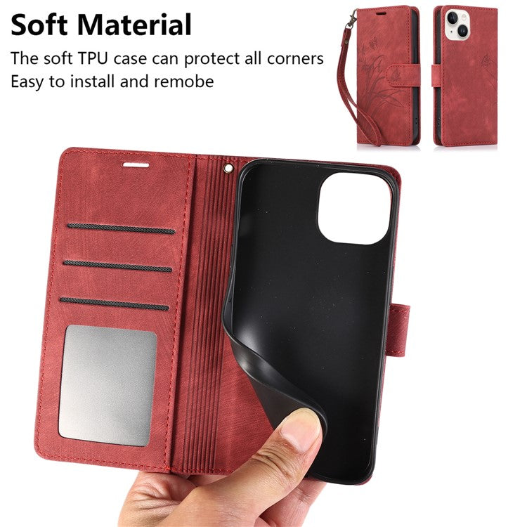 For iPhone 14 Leather Wallet Case Orchid Butterfly Phone Cover with Strap - Red