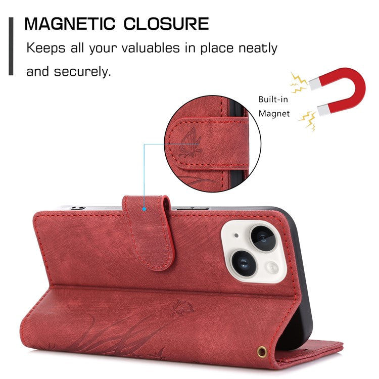 For iPhone 14 Leather Wallet Case Orchid Butterfly Phone Cover with Strap - Red