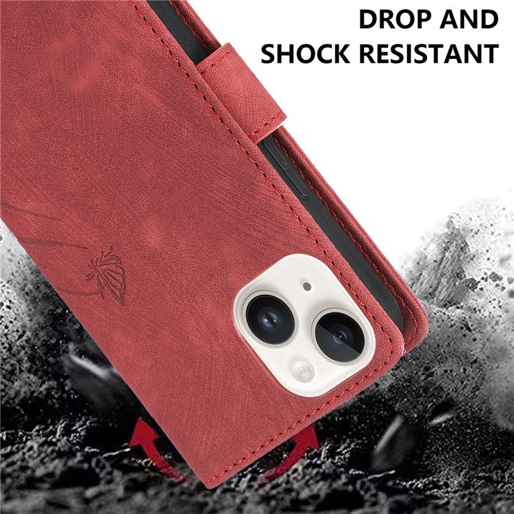 For iPhone 14 Leather Wallet Case Orchid Butterfly Phone Cover with Strap - Red