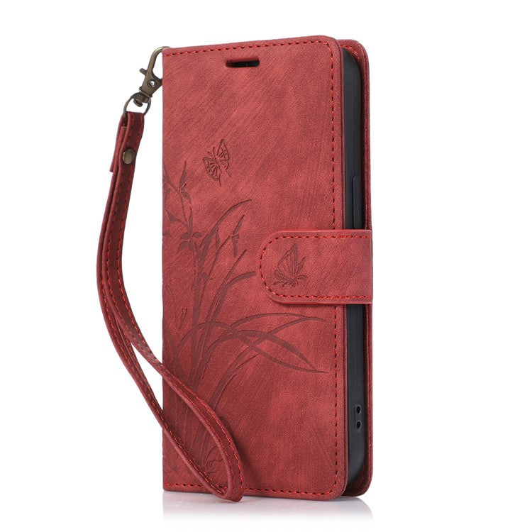 For iPhone 14 Leather Wallet Case Orchid Butterfly Phone Cover with Strap - Red