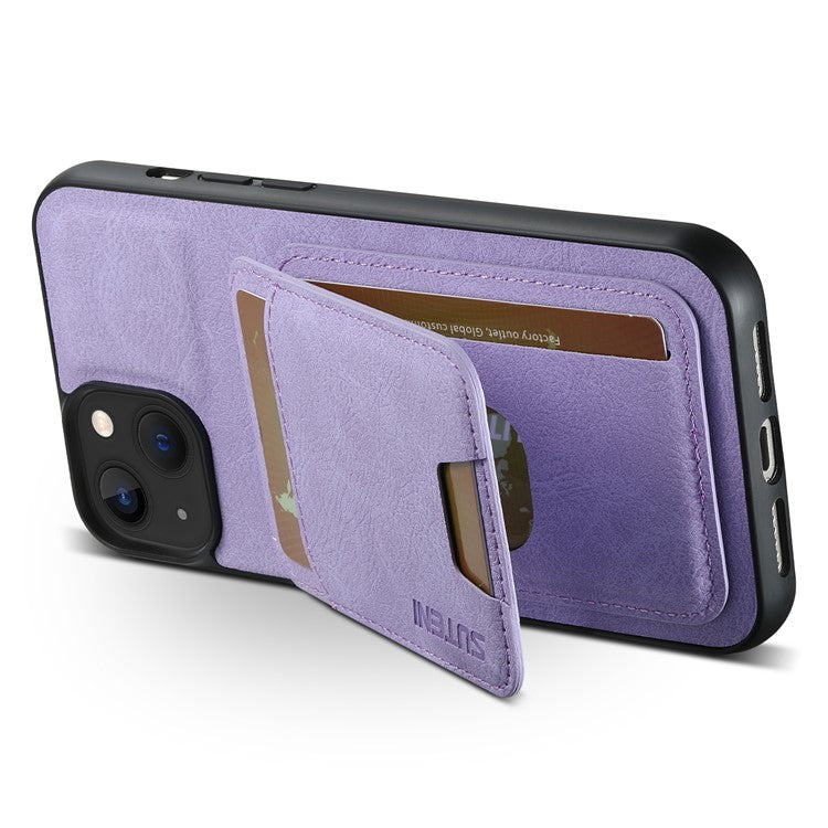 SUTENI H02 For iPhone 14 Case Litchi Texture PU Leather Card Slots Phone Protector - Purple