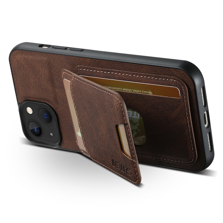 SUTENI H02 For iPhone 14 Case Litchi Texture PU Leather Card Slots Phone Protector - Brown