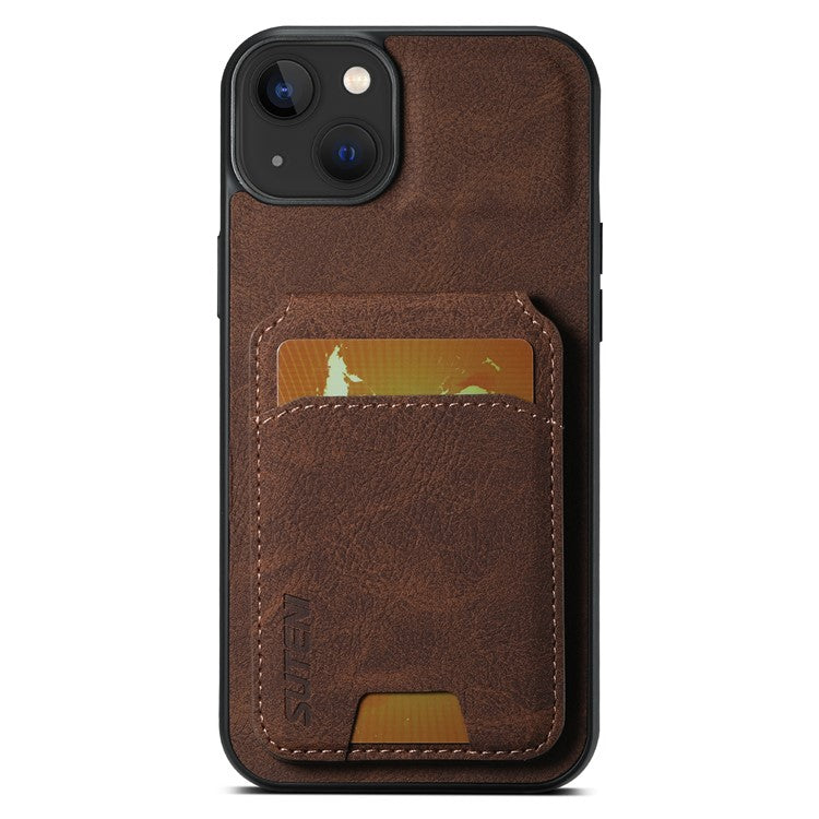 SUTENI H02 For iPhone 14 Case Litchi Texture PU Leather Card Slots Phone Protector - Brown