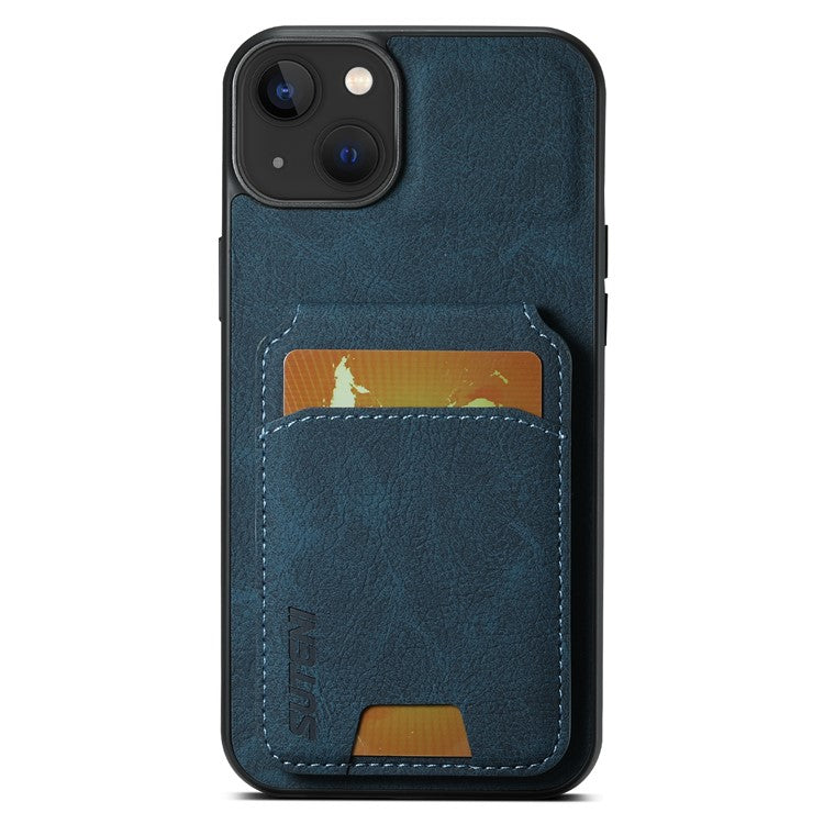 SUTENI H02 For iPhone 14 Case Litchi Texture PU Leather Card Slots Phone Protector - Blue