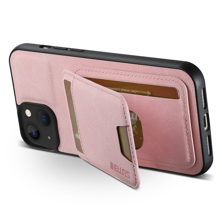 SUTENI H02 For iPhone 14 Plus Cell Phone Case Litchi Texture Anti-fall Leather Protective Back Shell - Pink