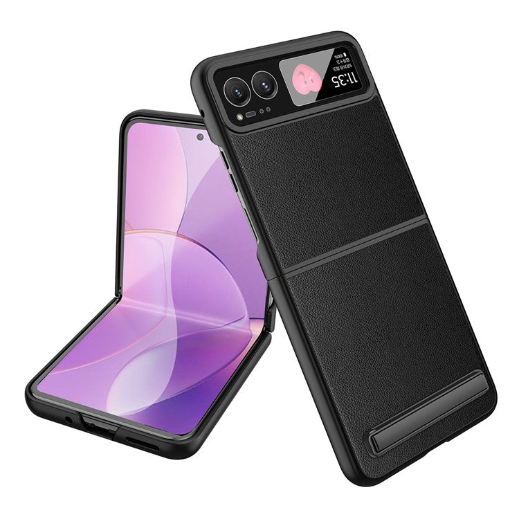 For Motorola Razr 40 5G Kickstand Case Leather+PC Cover with Rear Screen Film - Black