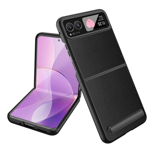 For Motorola Razr 40 5G Kickstand Case Leather+PC Cover with Rear Screen Film - Black