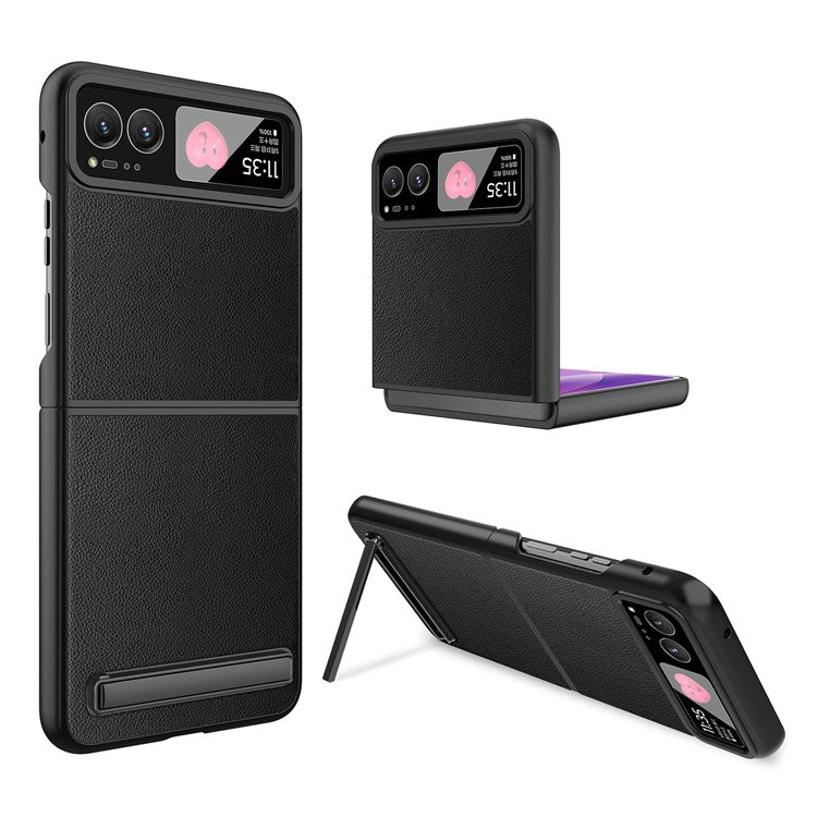 For Motorola Razr 40 5G Kickstand Case Leather+PC Cover with Rear Screen Film - Black