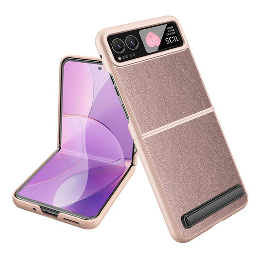 For Motorola Razr 40 5G Kickstand Case Leather+PC Cover with Rear Screen Film - Gold
