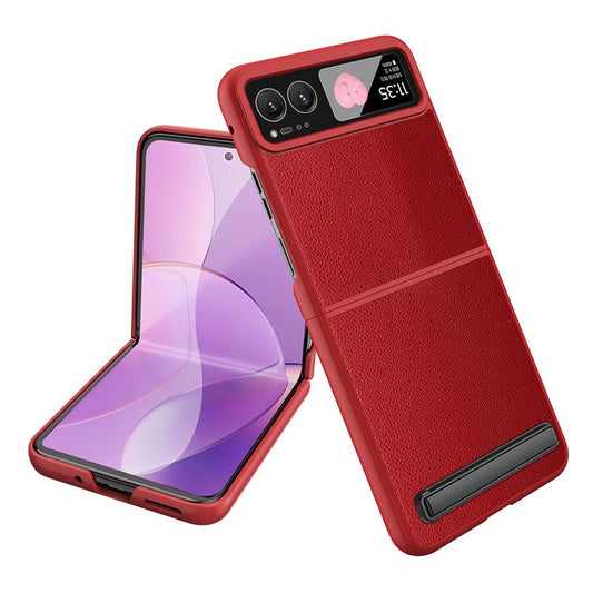 For Motorola Razr 40 5G Kickstand Case Leather+PC Cover with Rear Screen Film - Red