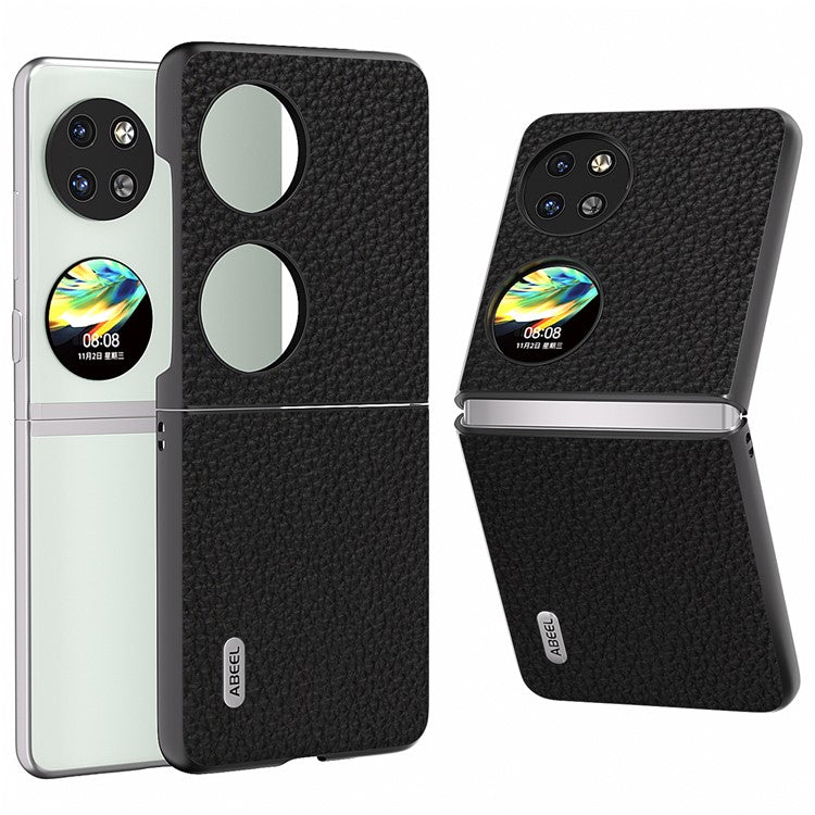 ABEEL For Huawei Pocket 2 Phone Case Genuine Cow Leather with Hard PC Inner Shell Litchi Texture - Black