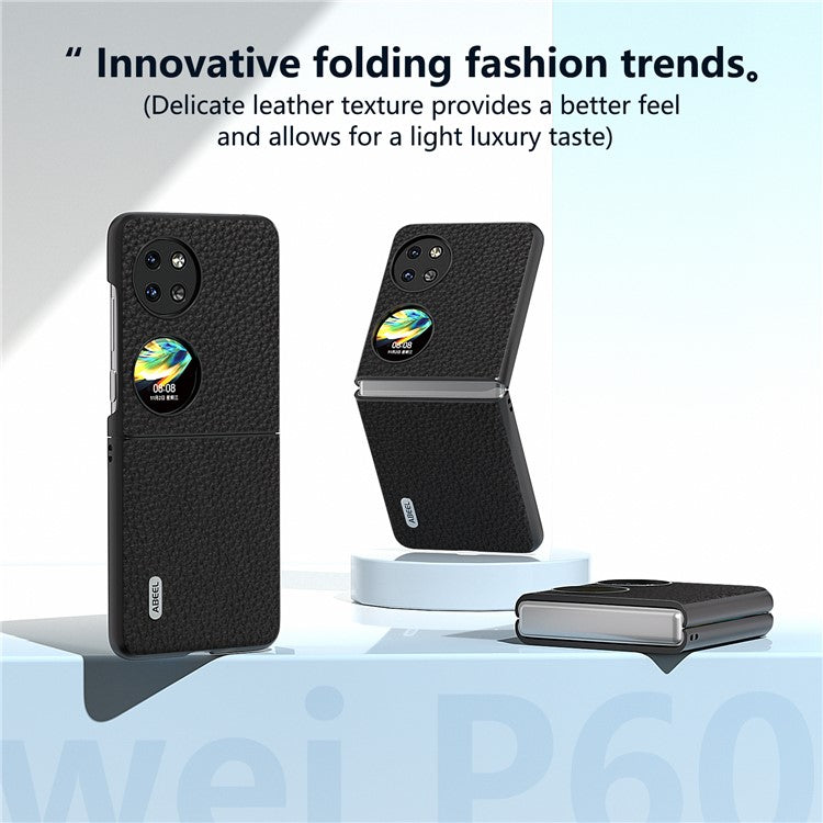 ABEEL For Huawei Pocket 2 Phone Case Genuine Cow Leather with Hard PC Inner Shell Litchi Texture - Black