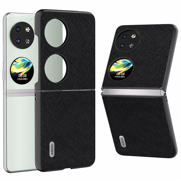 ABEEL For Huawei Pocket 2 Cross Texture Phone Case Genuine Cow Leather Back Shell - Black