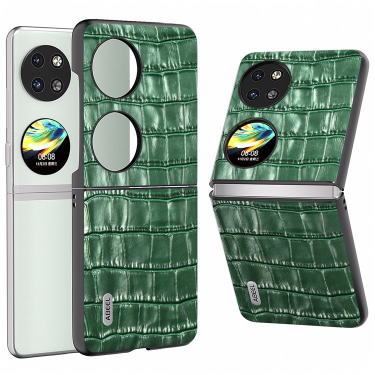 ABEEL For Huawei Pocket 2 Phone Case Genuine Cow Leather Back Shell Crocodile Texture - Green