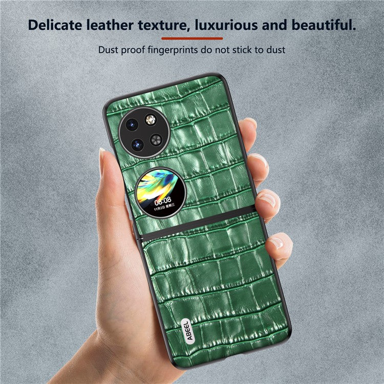 ABEEL For Huawei Pocket 2 Phone Case Genuine Cow Leather Back Shell Crocodile Texture - Green