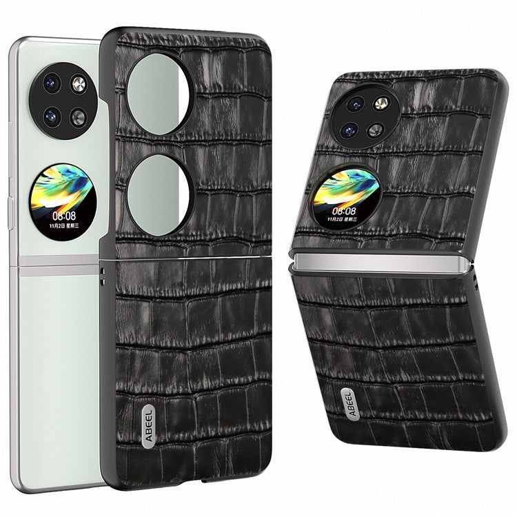 ABEEL For Huawei Pocket 2 Phone Case Genuine Cow Leather Back Shell Crocodile Texture - Black