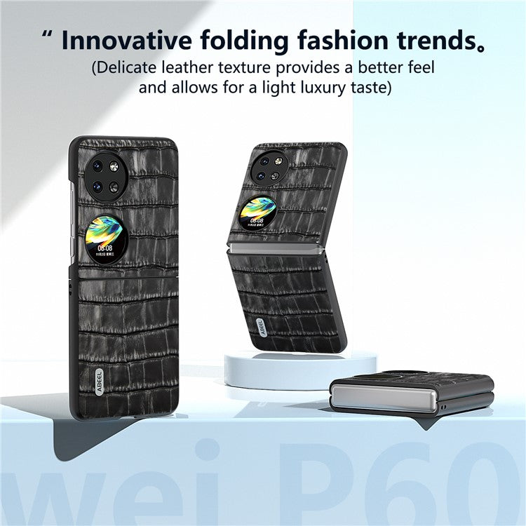 ABEEL For Huawei Pocket 2 Phone Case Genuine Cow Leather Back Shell Crocodile Texture - Black