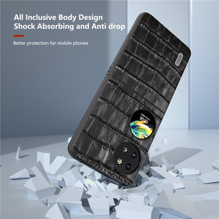 ABEEL For Huawei Pocket 2 Phone Case Genuine Cow Leather Back Shell Crocodile Texture - Black